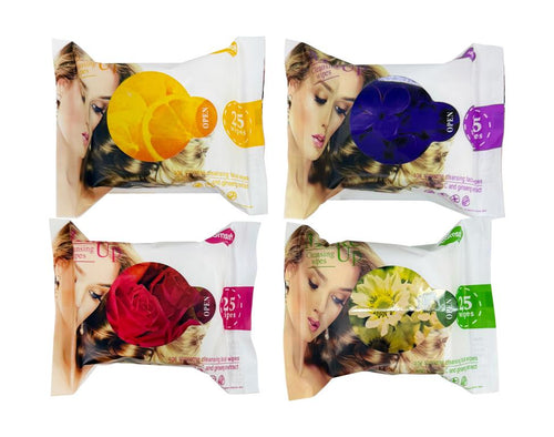 Pack of 25 facial wipes 14x18cm in 4 assorted scent variants, facial wet wipes for retail and amenity wholesale