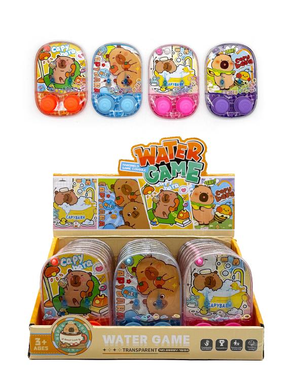 Handheld water ring game with capybara character design, compact 10.7x7.4cm water-filled ring toss toy