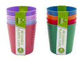4-pack reusable plastic cups in assorted colours stacked on a table, suitable for events and hospitality