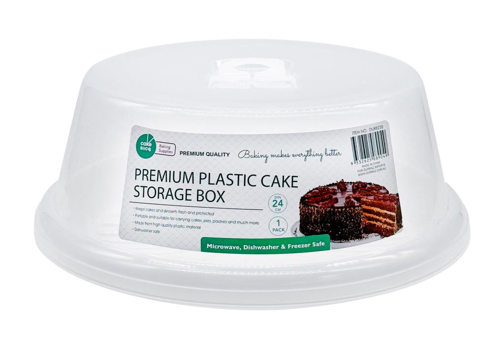 Round clear-lid plastic cake storage box 27x17cm with white base, ideal for bakery and patisserie cake storage