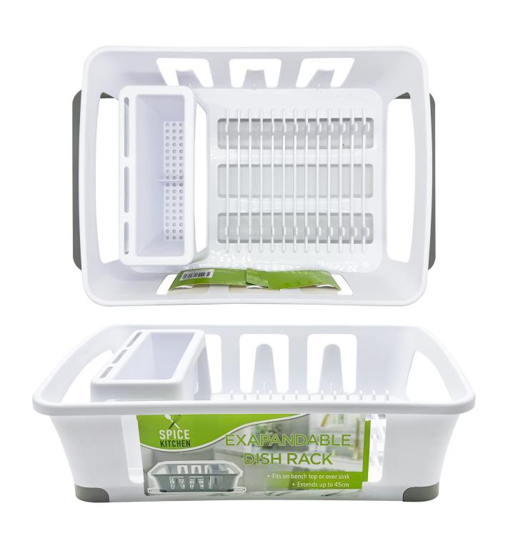 White expandable plastic dish rack adjustable 37 to 46.7cm wide by 28.5cm deep, for kitchen draining use