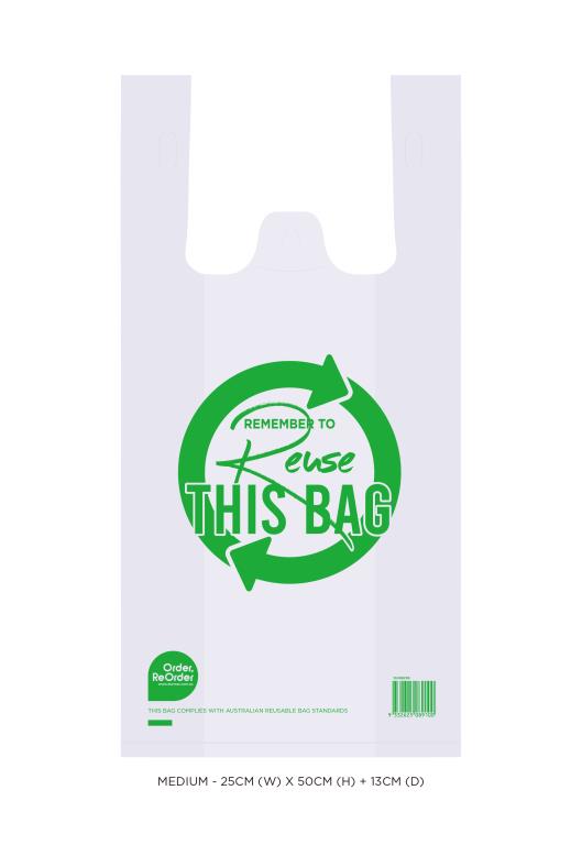 Medium heavy-duty reusable plastic shopping bags 25x50x13cm pack of 100 for grocery and hospitality use