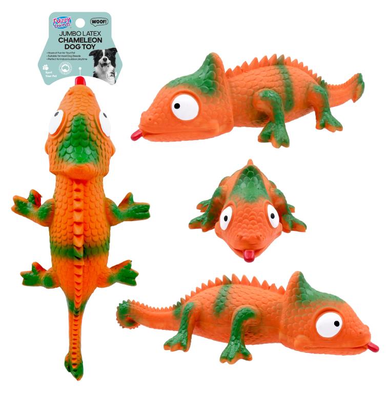 Jumbo 30cm latex chameleon squeaky dog toy with built-in squeaker, shown in full length profile
