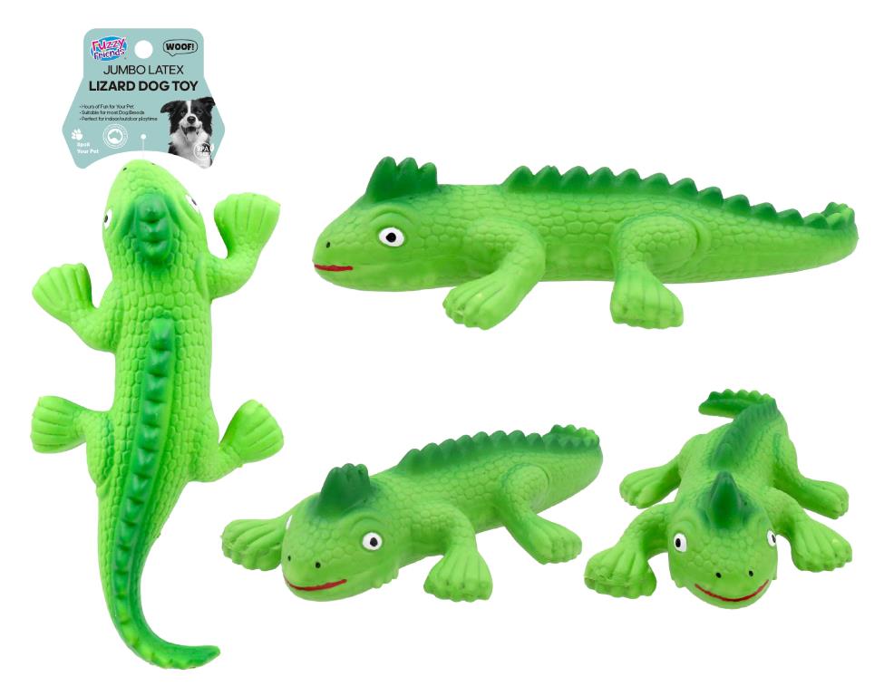 Jumbo 23cm green latex lizard squeaky dog toy with textured body and internal squeaker