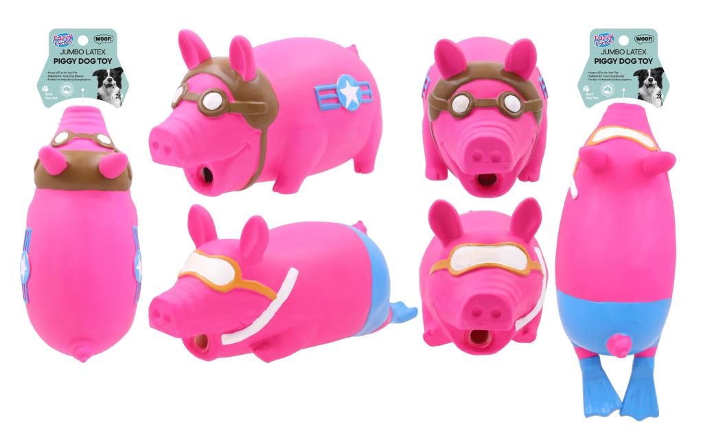 Jumbo 27cm latex pig squeaky dog toy in assorted designs, shown standing upright on white background