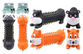 Latex long assorted animal squeaky dog toy 16.5cm, shown in a variety of character designs on white background