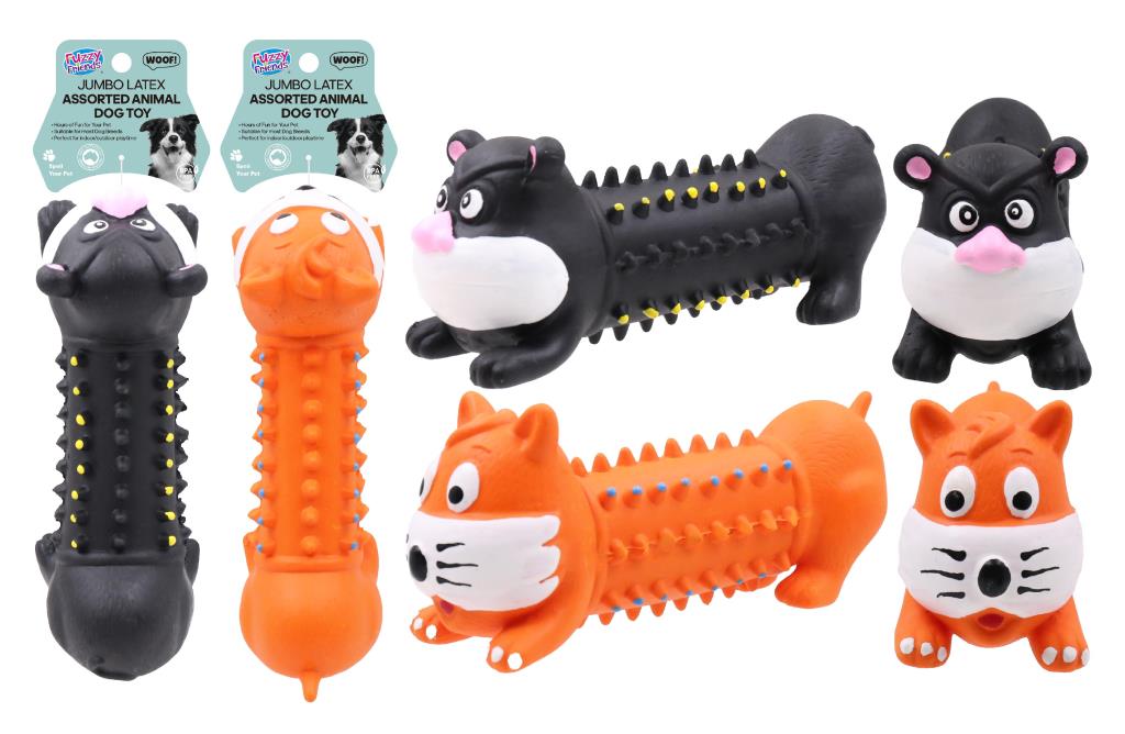 Latex long assorted animal squeaky dog toy 16.5cm, shown in a variety of character designs on white background