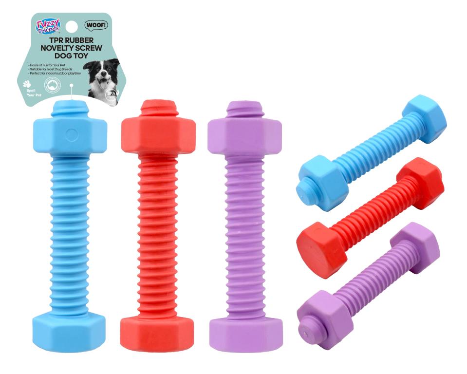 TPR rubber novelty screw-shaped interactive dog toy 16cm x 4.5cm in assorted designs