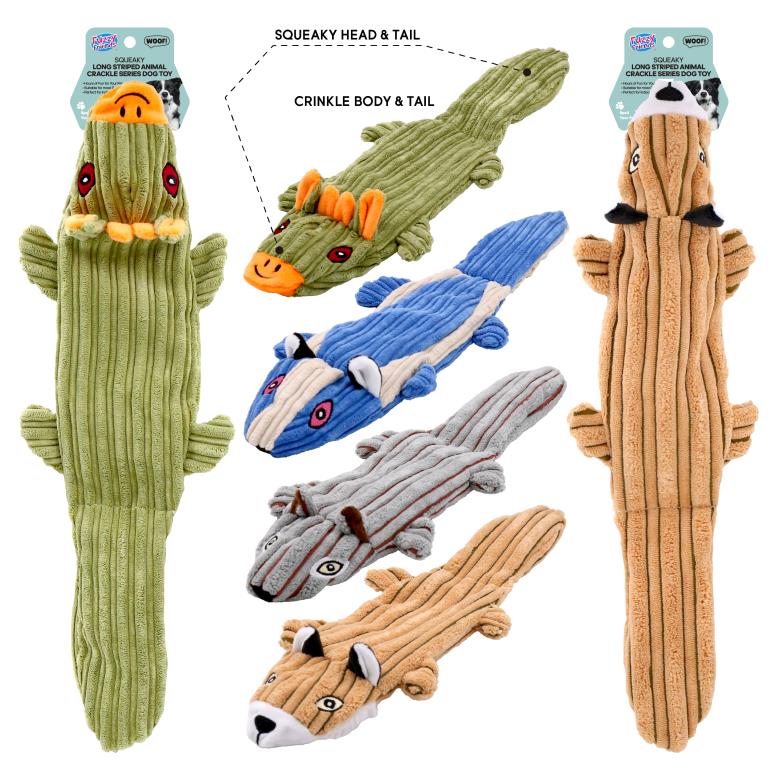 Long striped crackle animal squeaky dog toy 43cm x 14cm – assorted designs for interactive dog play