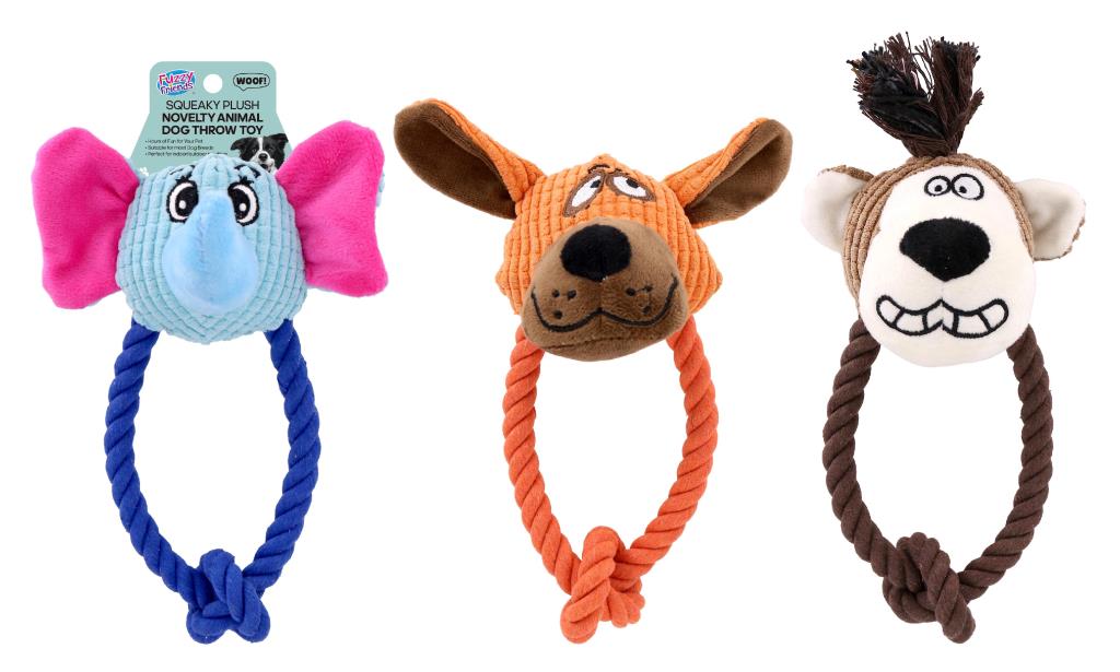 Jumbo squeaky plush dog throw toy 23cm in assorted animal designs – new wholesale bulk pack for pet retailers