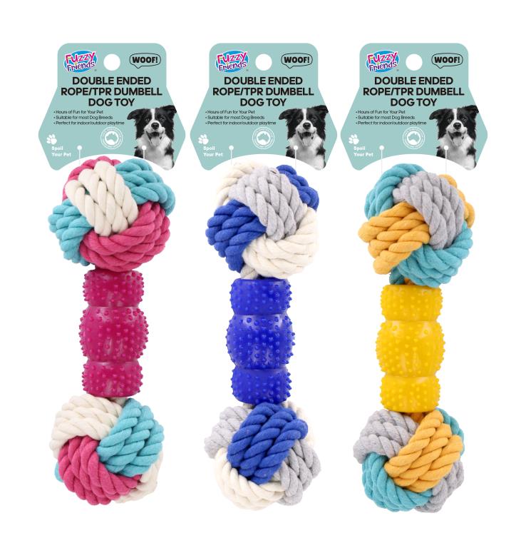 Double ended rope and TPR dumbbell dog toy 19cm x 6.5cm in assorted designs for active dogs