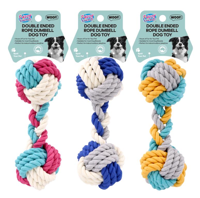 Double ended rope dumbbell dog toy 17cm x 6.5cm assorted designs – wholesale bulk carton for pet retailers