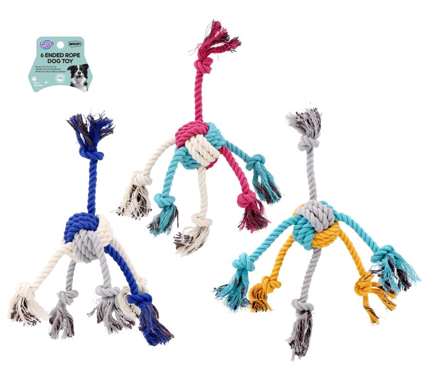 6-ended rope dog toy 32cm x 6.5cm with multiple knotted ends in assorted designs for dogs