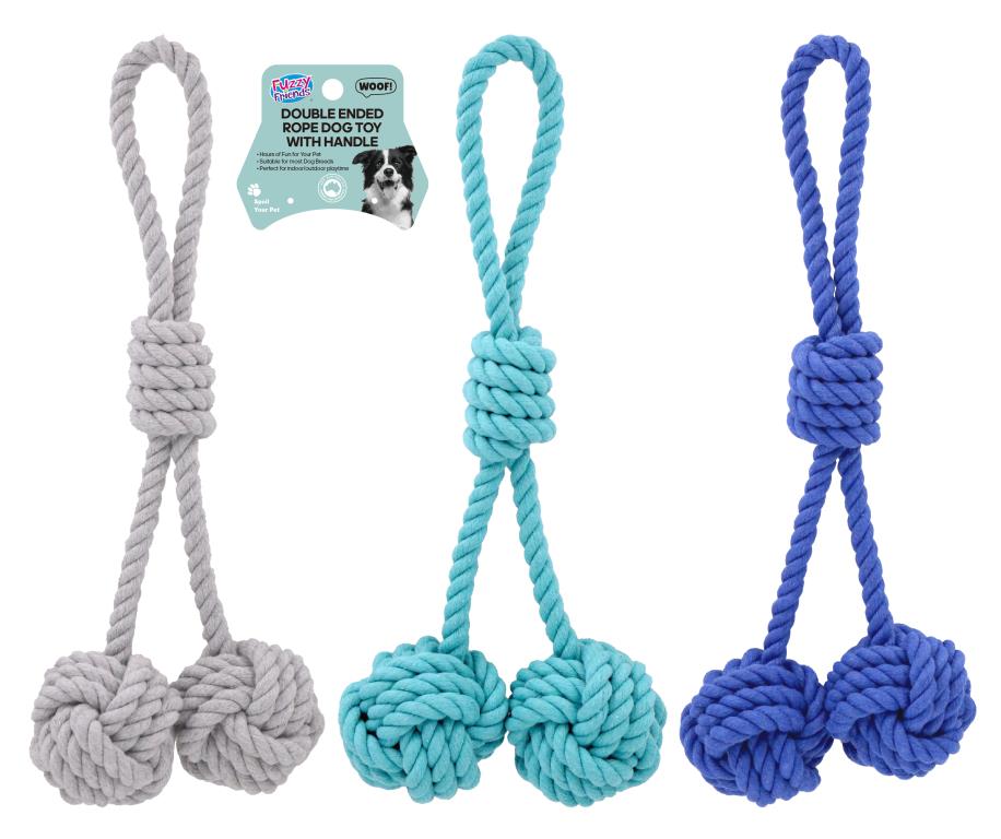 Double ended rope dog toy with handle 25cm x 6cm in assorted designs for tug-of-war and play