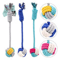 Long rope tug ball dog toy 32cm x 6cm in assorted designs, suitable for interactive play