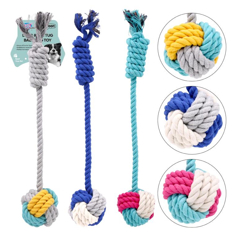 Long rope tug ball dog toy 32cm x 6cm in assorted designs, suitable for interactive play