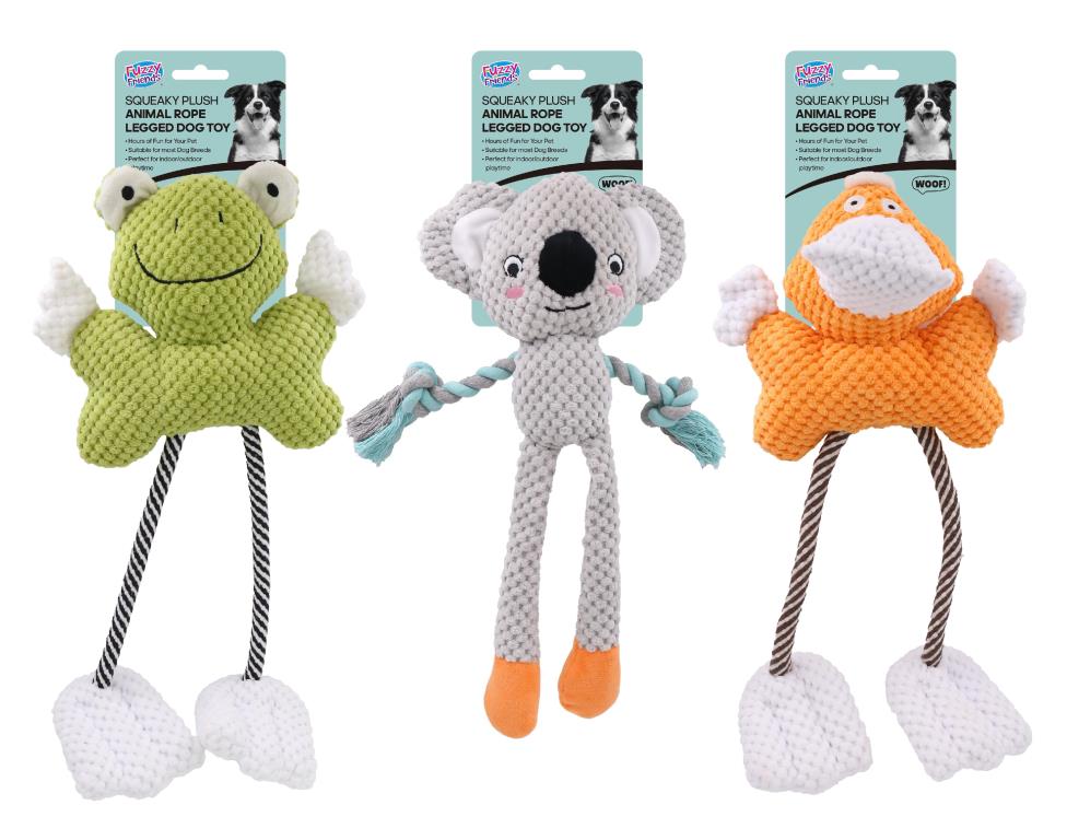 Squeaky plush animal legged dog toy 40x14cm assorted designs large format for pet retail