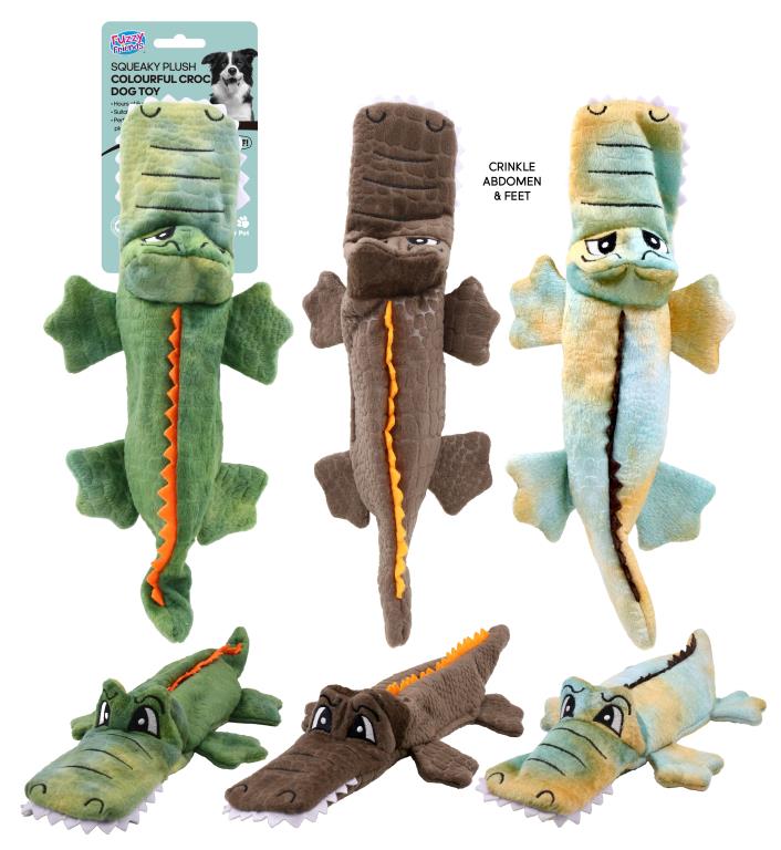 Squeaky plush colourful crocodile dog toy 30cm x 14cm – wholesale dog and squeaky toy range