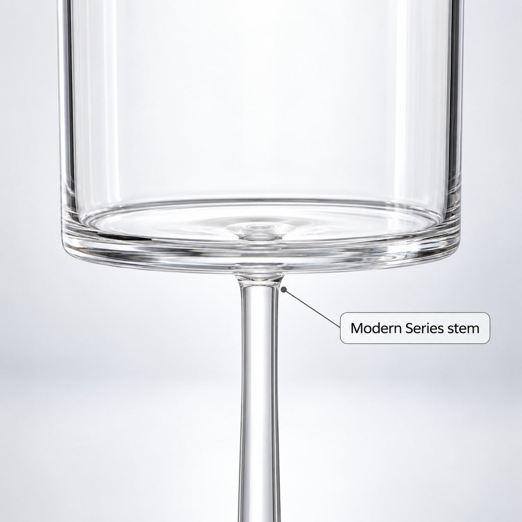 Close-up of the Modern Series plastic wine glass bowl and slim clear acrylic stem