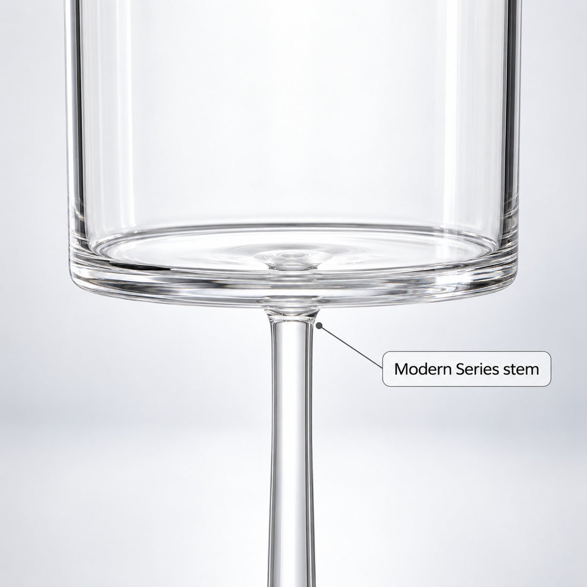 Close-up of the Modern Series plastic wine glass bowl and slim clear acrylic stem