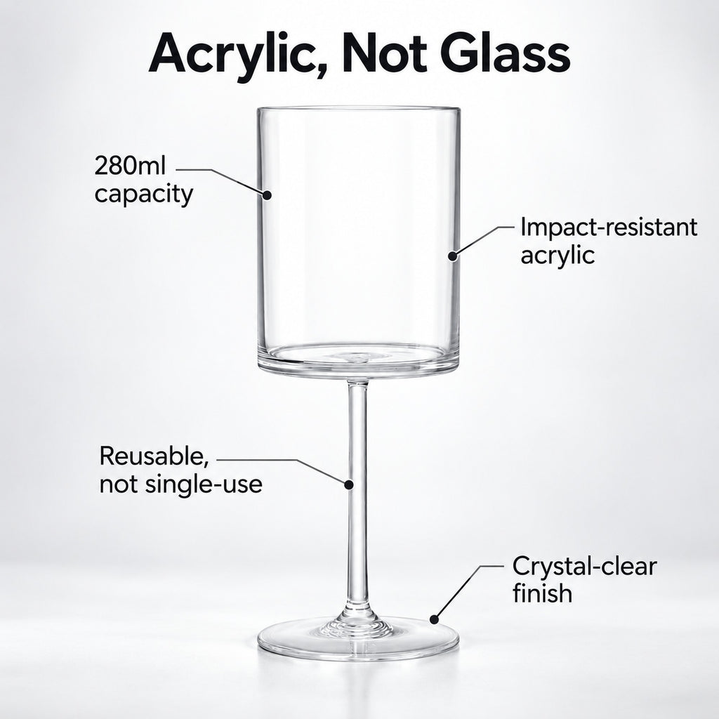 Acrylic plastic wine glass features: 280ml, impact-resistant, reusable, crystal-clear