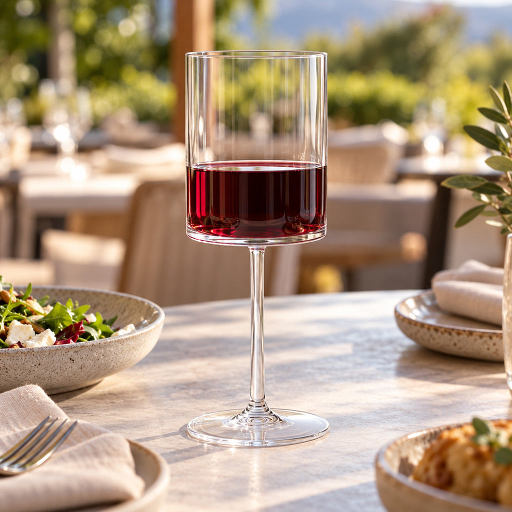 Acrylic plastic wine glass holding red wine on an outdoor restaurant dining table