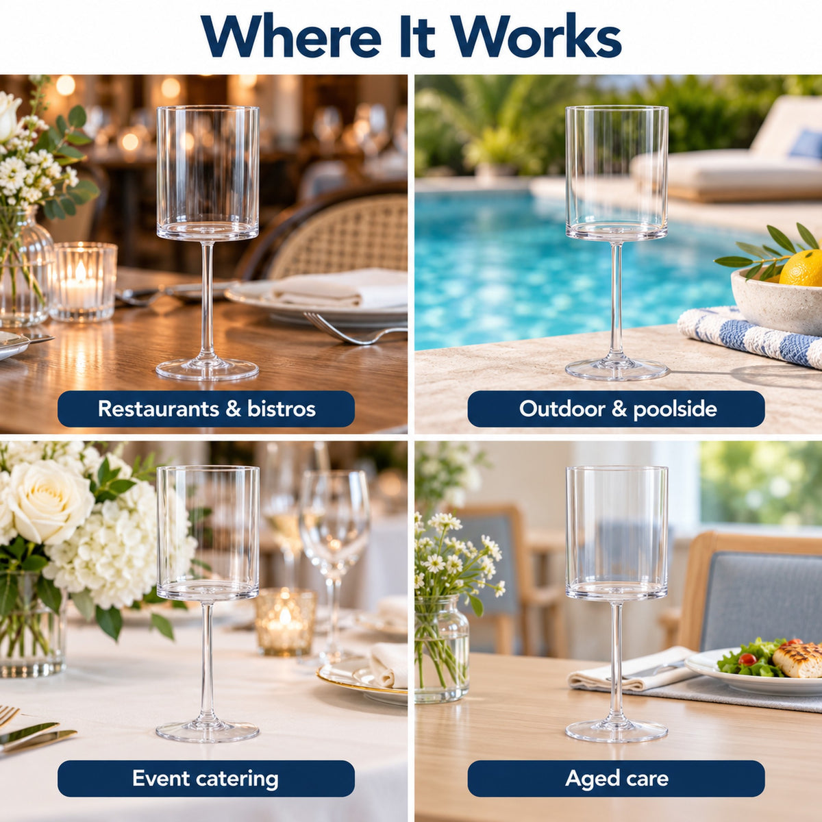 Plastic wine glasses for restaurants, outdoor and poolside, event catering and aged care