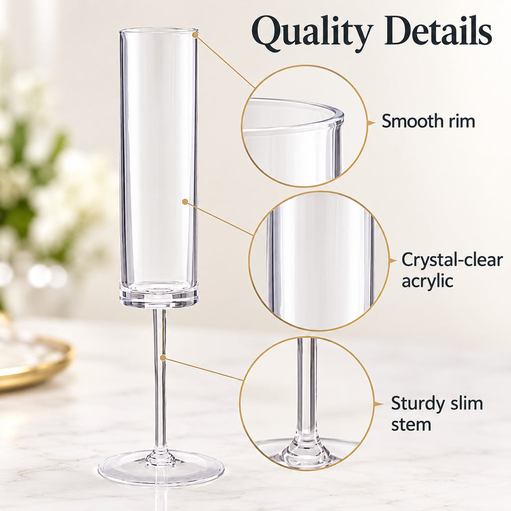 Close-up of clear acrylic champagne flute: smooth rim, crystal-clear bowl and slim stem