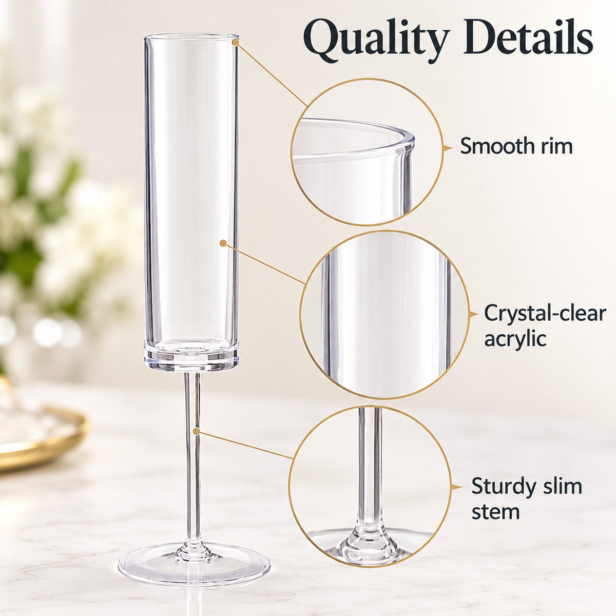 Close-up of clear acrylic champagne flute: smooth rim, crystal-clear bowl and slim stem