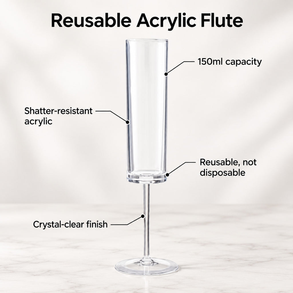 Reusable acrylic champagne flute: 150ml, shatter-resistant, crystal-clear, not disposable