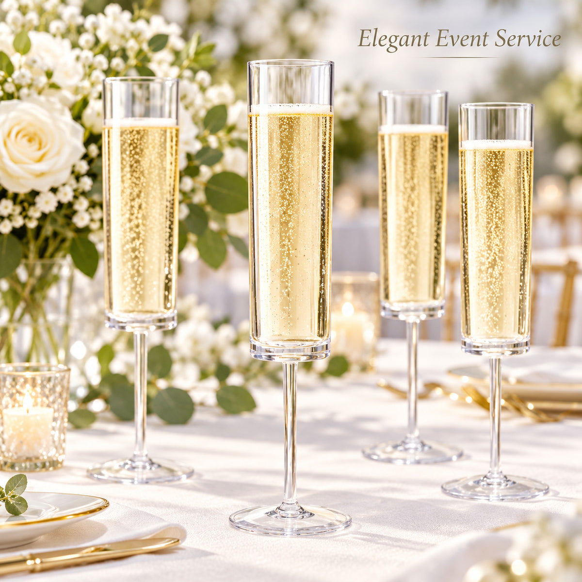 Plastic champagne flutes filled with sparkling wine at an elegant wedding reception table