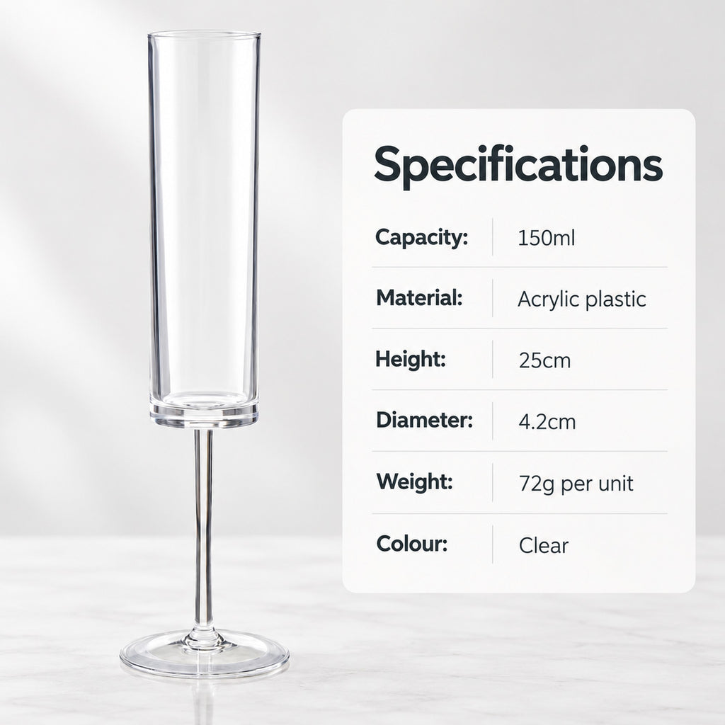 Plastic champagne flute specs: 150ml, acrylic, 25cm tall, 4.2cm diameter, 72g, clear