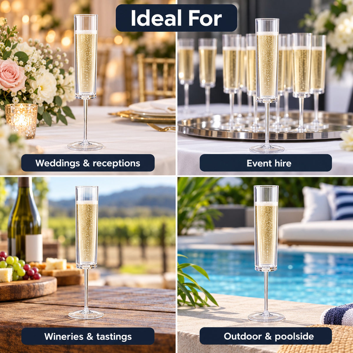Acrylic champagne flutes for weddings, event hire, wineries and outdoor poolside service