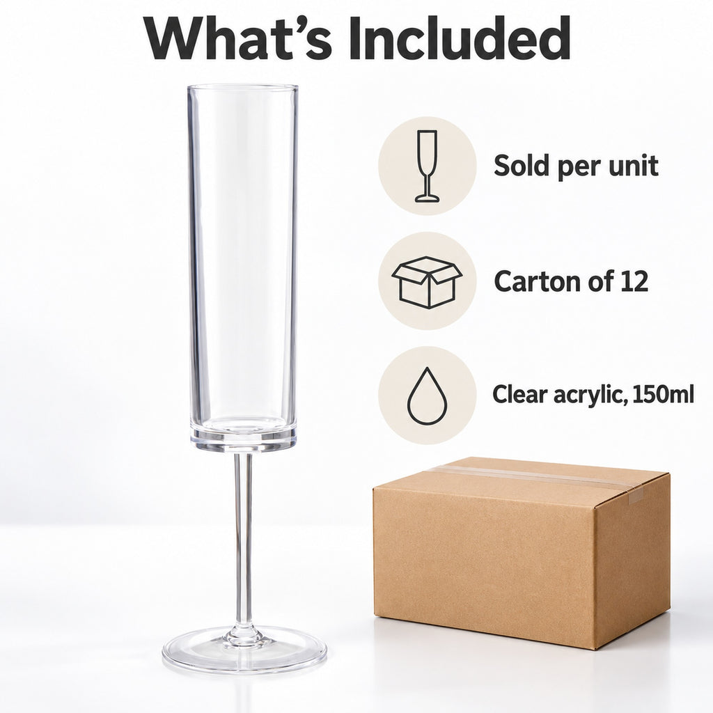 Plastic champagne flute sold per unit, also available by the carton of 12, clear 150ml