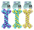Colourful rope bone dog toy 20cm x 10cm in bright assorted designs for chewing and play