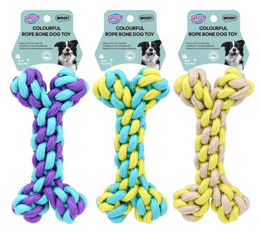 Colourful rope bone dog toy 20cm x 10cm in bright assorted designs for chewing and play