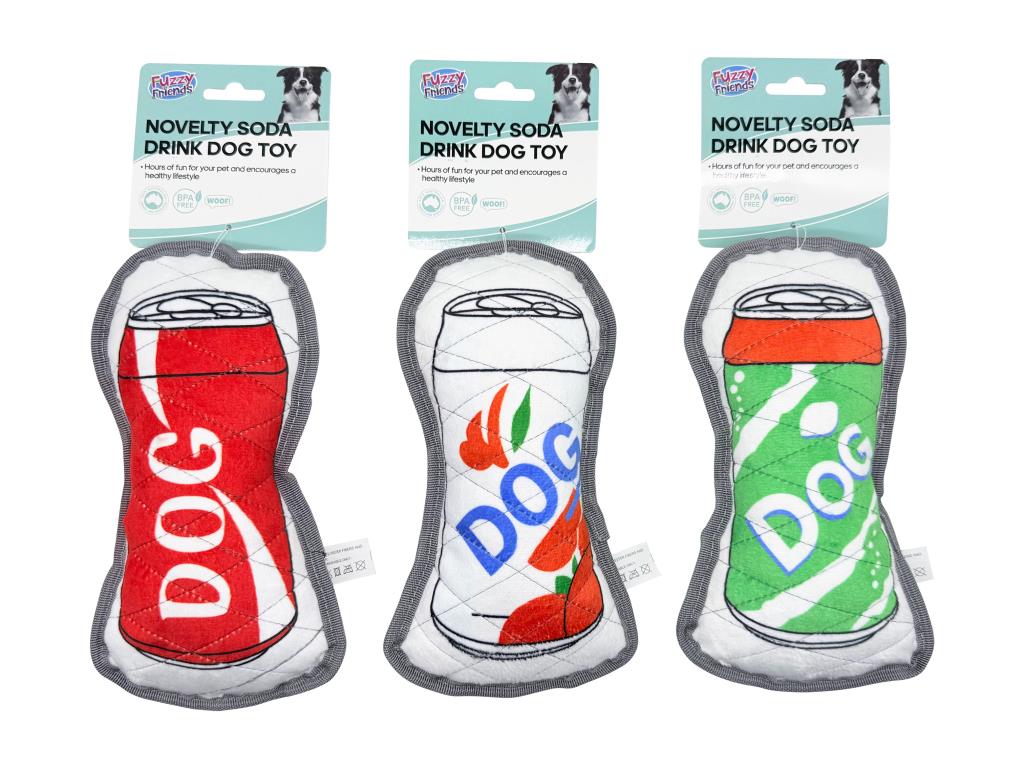 Soda drink shaped dog novelty squishy toy in 3 assorted designs, 24x12.5cm, for gift shops and party loot bags