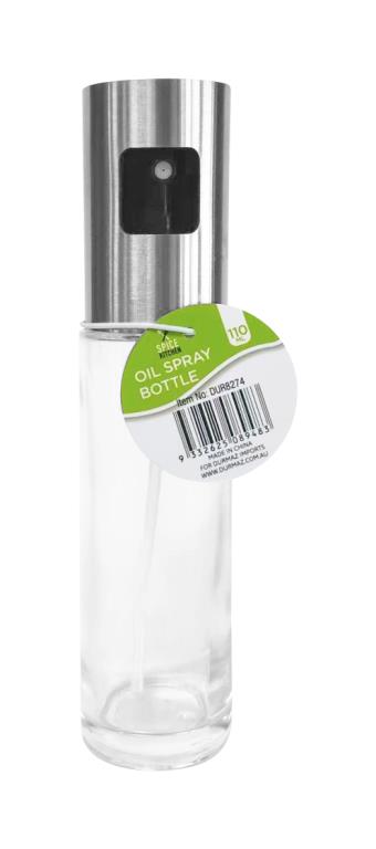 Glass oil spray bottle with stainless steel pump finish, 4.2cm diameter x 18cm tall, for kitchen and hospitality use