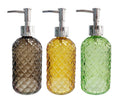 Glass liquid soap dispenser bottle 7cm diameter x 19cm, three assorted colours for bathroom and hospitality use