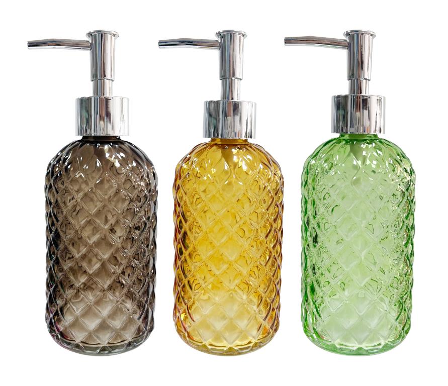 Glass liquid soap dispenser bottle 7cm diameter x 19cm, three assorted colours for bathroom and hospitality use