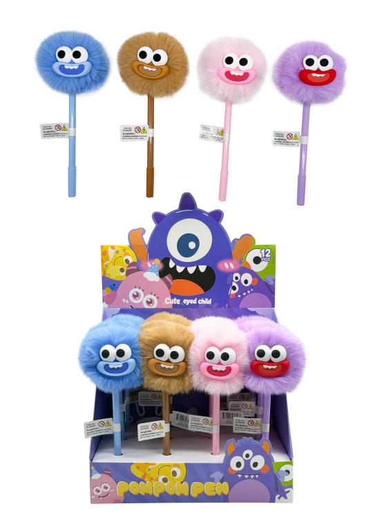 Novelty pom pom pen Cute Eyed Child Series 2, 19cm, 4 assorted cartoon eye designs – novelty writing pen for gift shops and school events
