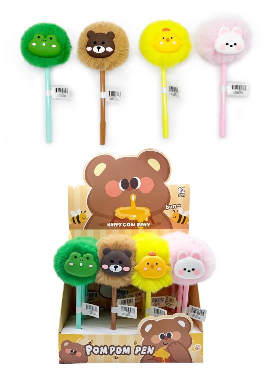Happy Con Benny novelty pom pom pen, 19cm tall, 4 assorted colourful character designs – novelty gift pen for retail and school fete displays
