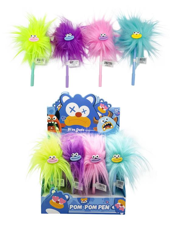 Blue Dudu novelty pom pom pen series, 19cm tall, 4 assorted character designs – wholesale novelty gift pen for retail and event displays