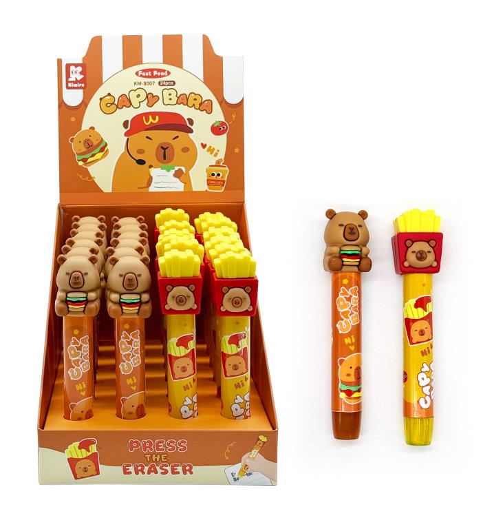 Capybara series novelty eraser pens in 3 assorted designs, 23x16cm display pack for retail gift shops