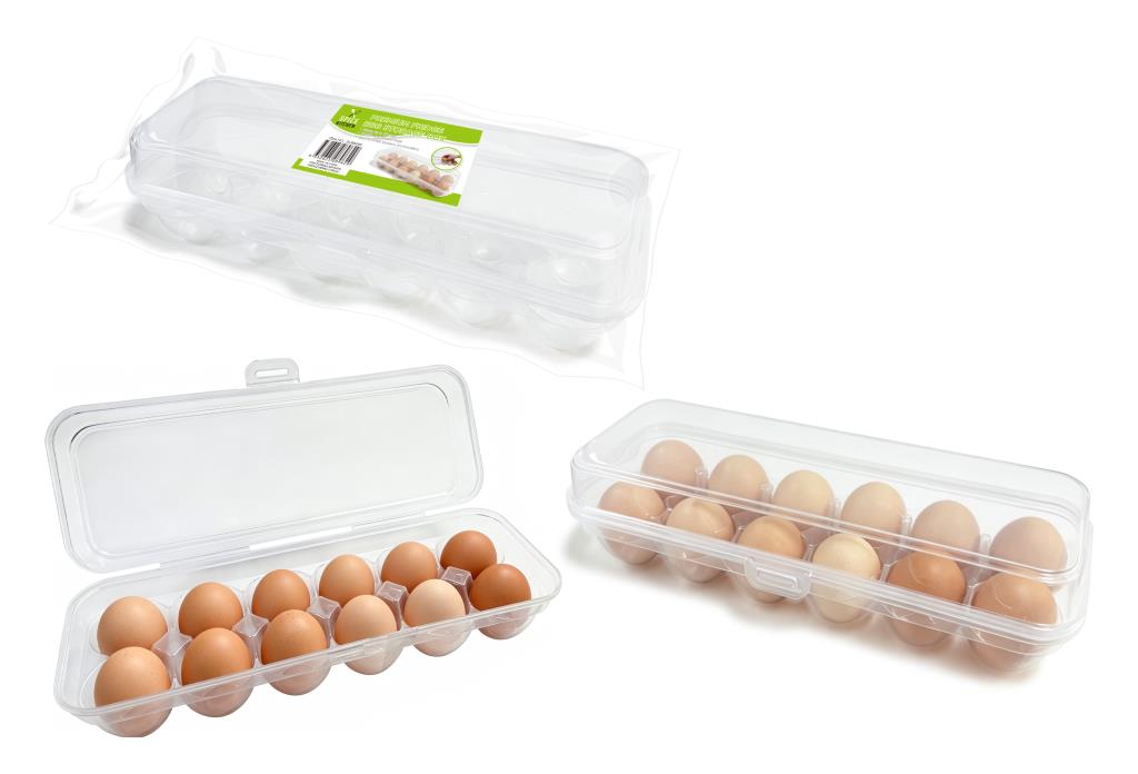 Stackable plastic egg storage container holding 12 eggs, 29x11x8.5cm, shown inside a fridge