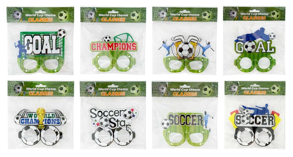 World Cup themed novelty glasses in 8 assorted designs, 20x12cm – sports party bag fillers for events and retail