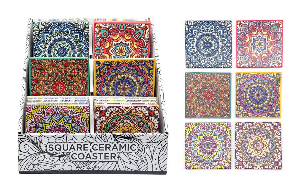 Square abstract ceramic drink coasters with cork base, 9.5x9.5cm, 6 assorted designs for café table and retail display