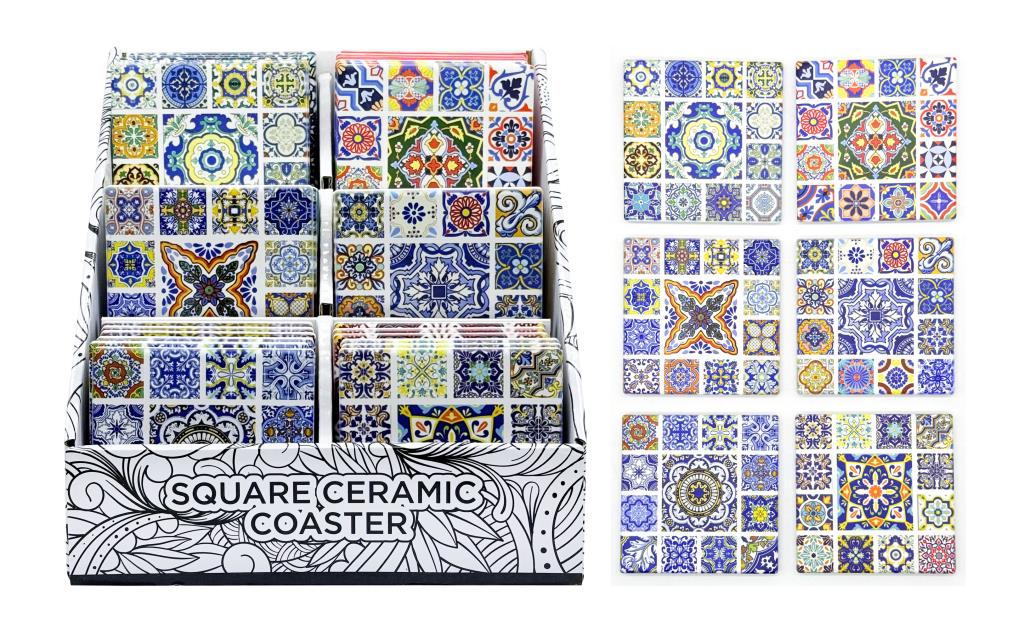 Amalfi square ceramic drink coasters with cork base, 9.5x9.5cm, 6 assorted coastal designs for retail and hospitality display