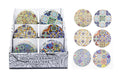 Round abstract ceramic drink coasters with cork base, 9cm diameter, 6 assorted designs for café table and retail display