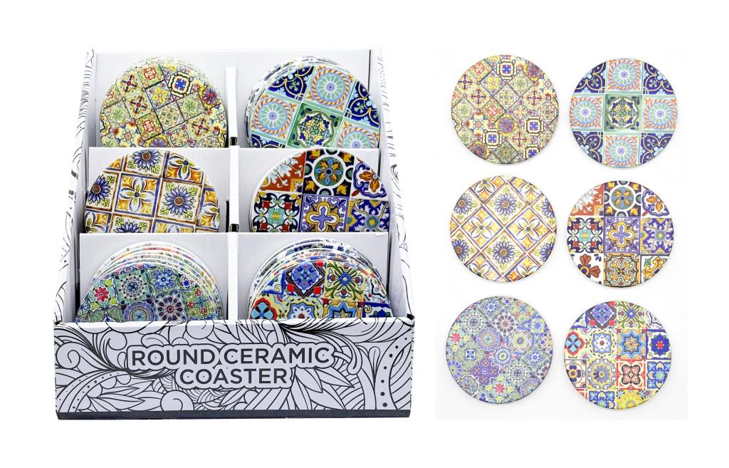 Round abstract ceramic drink coasters with cork base, 9cm diameter, 6 assorted designs for café table and retail display